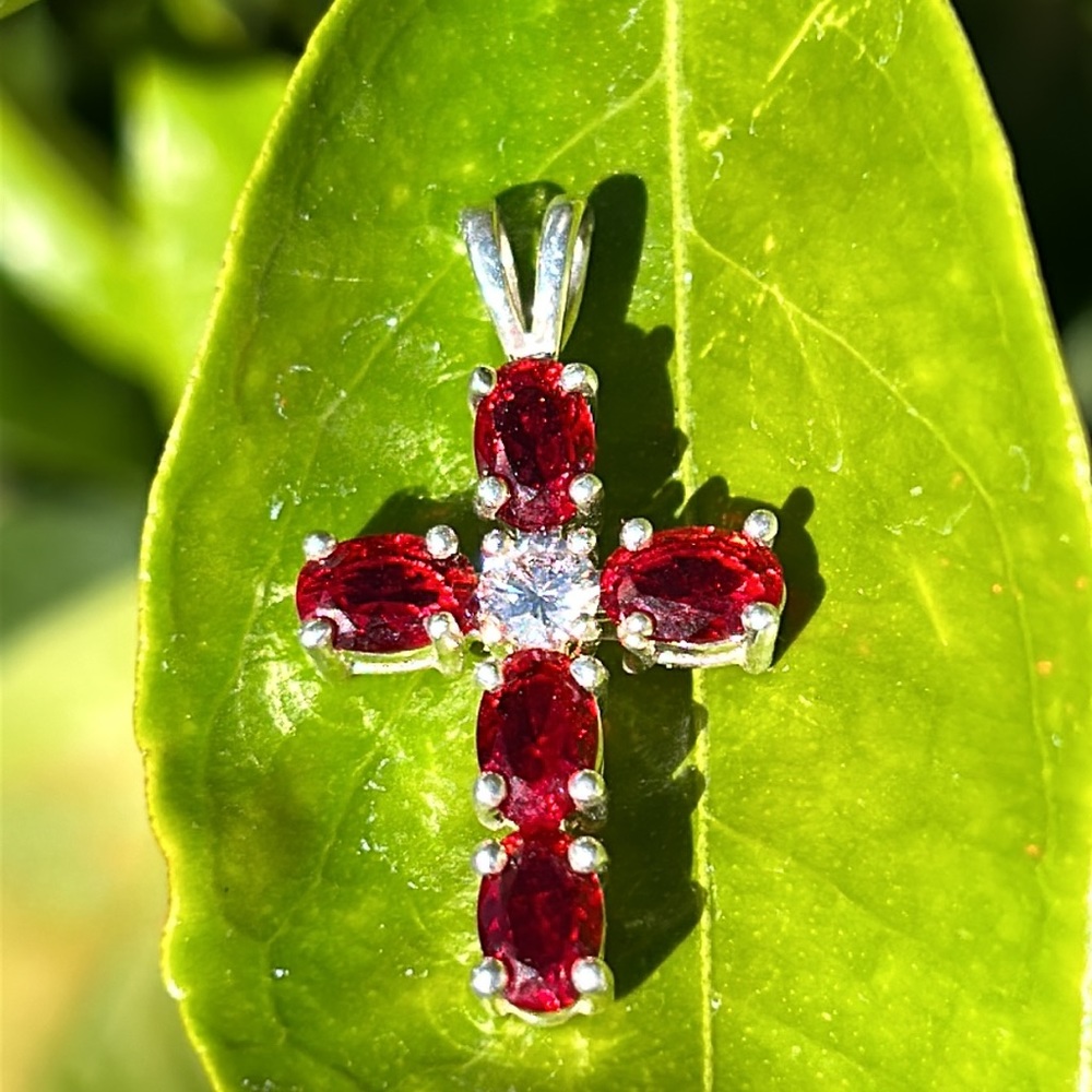 Sterling Silver Red Stone Cross - Picture 1 of 9